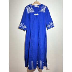 Soft Surroundings Royal Blue Embroidered Linen Hooded Caftan Maxi Dress XS MINT!